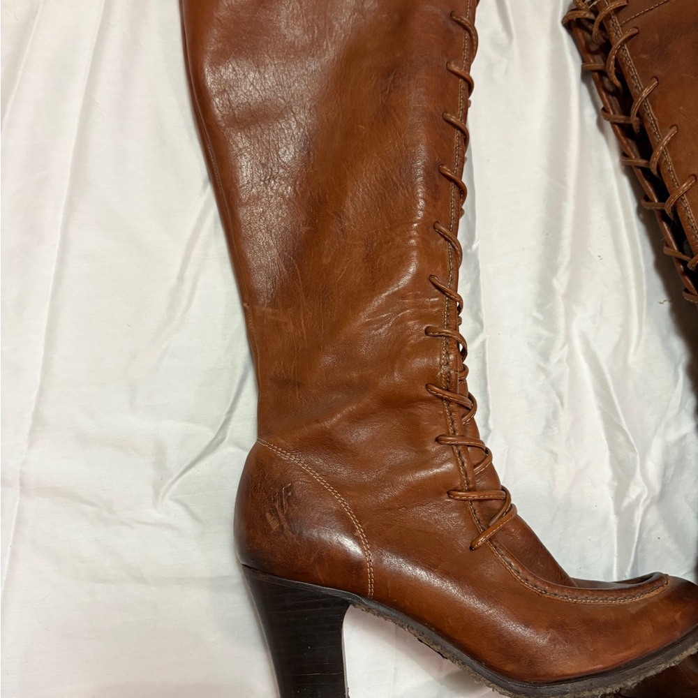 FRYE Parker Moccasin Lace Up Tall Knee High Zip Brown Leather Boots - Picture 3 of 6